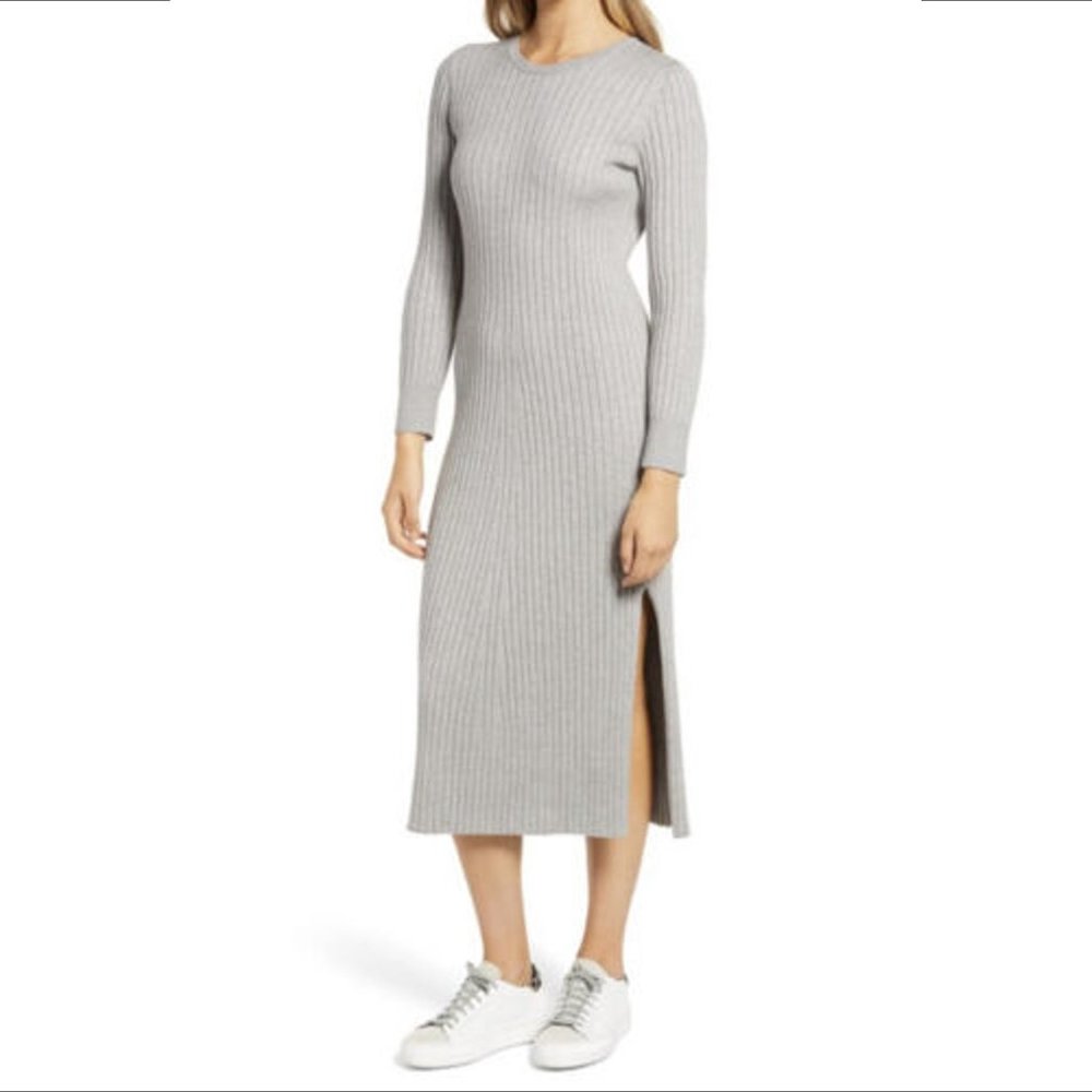 WAYF BFF Hollie midi ribbed sweater dress gray tie keyhole back new Medium